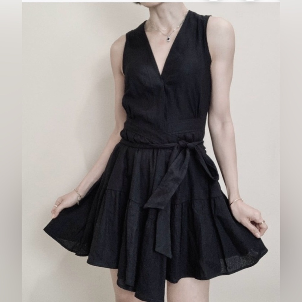 Christian Lacroix Mini Wrap Dress Plunging Low cut Neckline Black Linen Size S